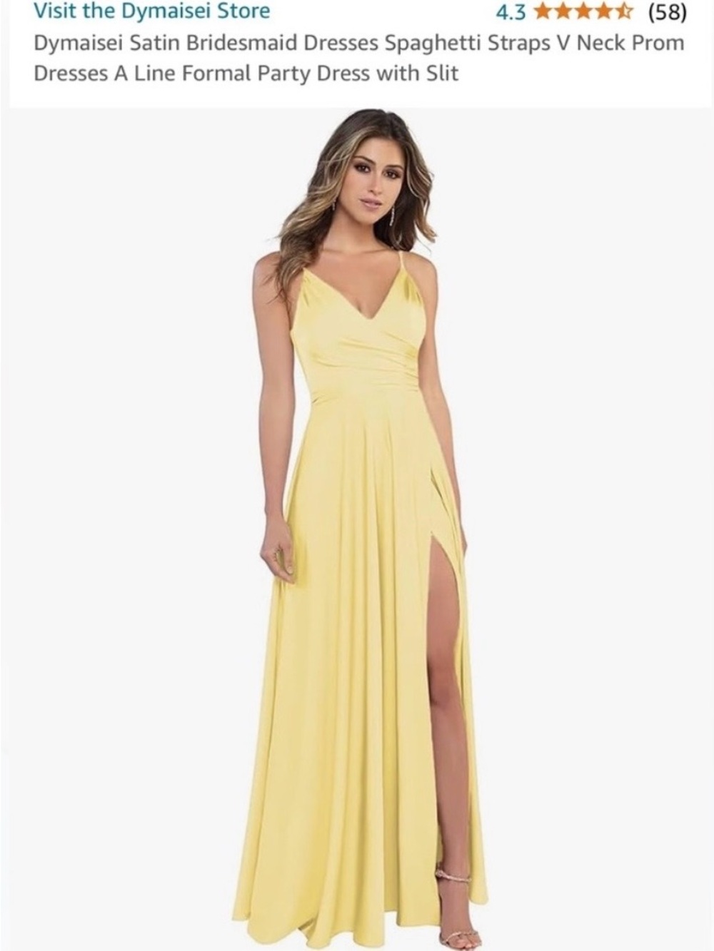 NWT Satin Yellow V-Neck Maxi Dress with Spaghetti Straps and High Slit